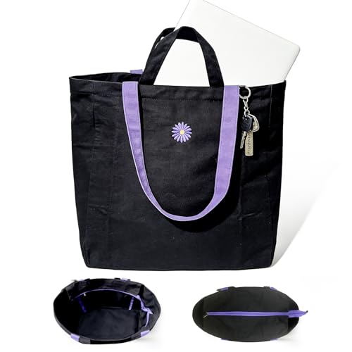 Bolso tote de lona grande para mujer, 27 L, resistente, con cremallera superior, 2 bolsillos exteriores y 1 bolsillo interior con cremallera, bolso de trabajo negro de 12 onzas con asas dobles para compras, desplazamiento diario y viajes miniatura 1