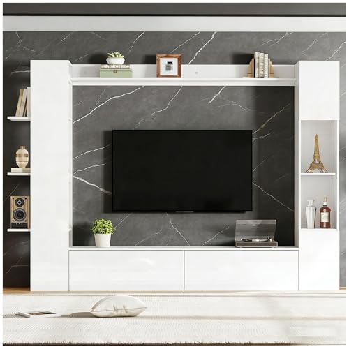 Aesvklom Set TV modulable 4 pièces, Blanc laqué, Meubles combinés avec charnières réglables, vitrine, Armoire, rangements pour Salon, 245x45x170 cm