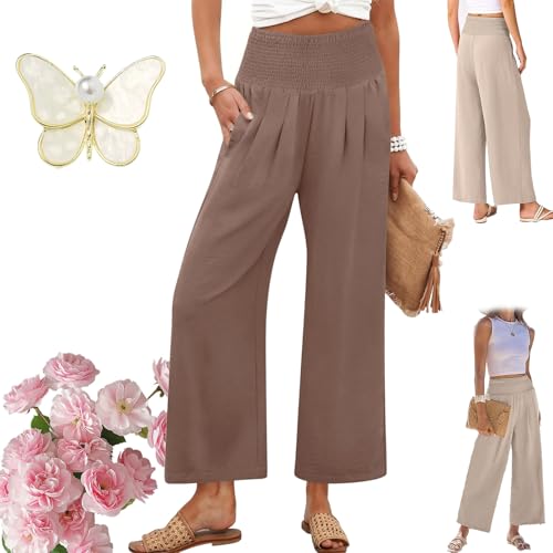 Sufficient Women's Smocked Waist Wide Leg Palazzo Pants, Continentau Summer Lightweight Trousers with Pockets