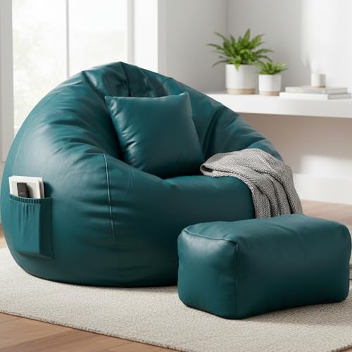 Image of Luxury 5XL Jumbo Bean Bag with Footrest & Cushion | Premium Leatherette | High-Density Beans Filled | Heavy Duty Double Stitch | 6 Months Warranty Color- (Navy Blue) (Teal)