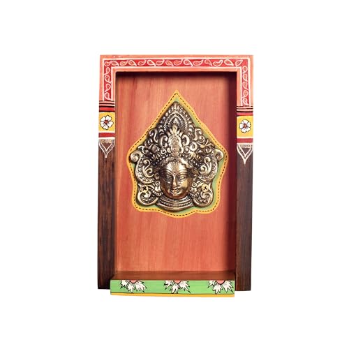 Image of AAKRITI ART CREATIONS Deva Wall Decor Orange Frame with Brass Sculpture of Vishnu Dev | Dhokra Art, Matte Finish | Wooden & Dhokra Wall Shelf Decor for Home