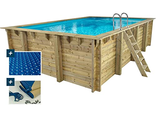 Piscine Bois Rectangle Panama - 6.20 x 4.10 x 1.45 m + Bâche à Bulles 180 µ - Bâche Hiver 280 g/m² +