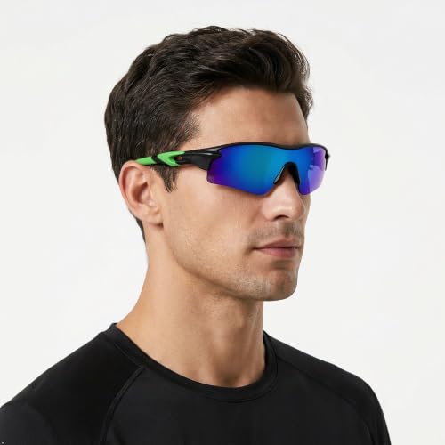 Image of Cycling Goggles for Men & Women | Sports Goggles UV400 Protection | Oversized Sports Sunglasses for Cricket, Running, Driving, Fishing, Hiking & Outdoor Activities (Green : Blue)