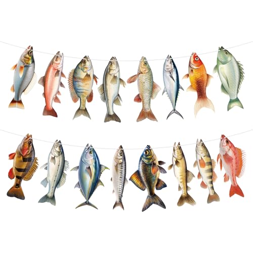 Image of Hooqict Fishing Hanging Banner Garland Fish Birthday Party Banner for Fish Birthday Party Decorations Gone Fishing Party Supplies Under The Sea Baby Shower Retirement Fathers Day Decorations
