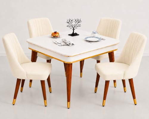 Image of WOODEN SPACE 4 Seater Wooden Dining Table Set | Urban Marble Top Dining Table with Chairs for Dining Room & Kitchen (Modern Frontline Beige) (42 x 42 x 30 inch)