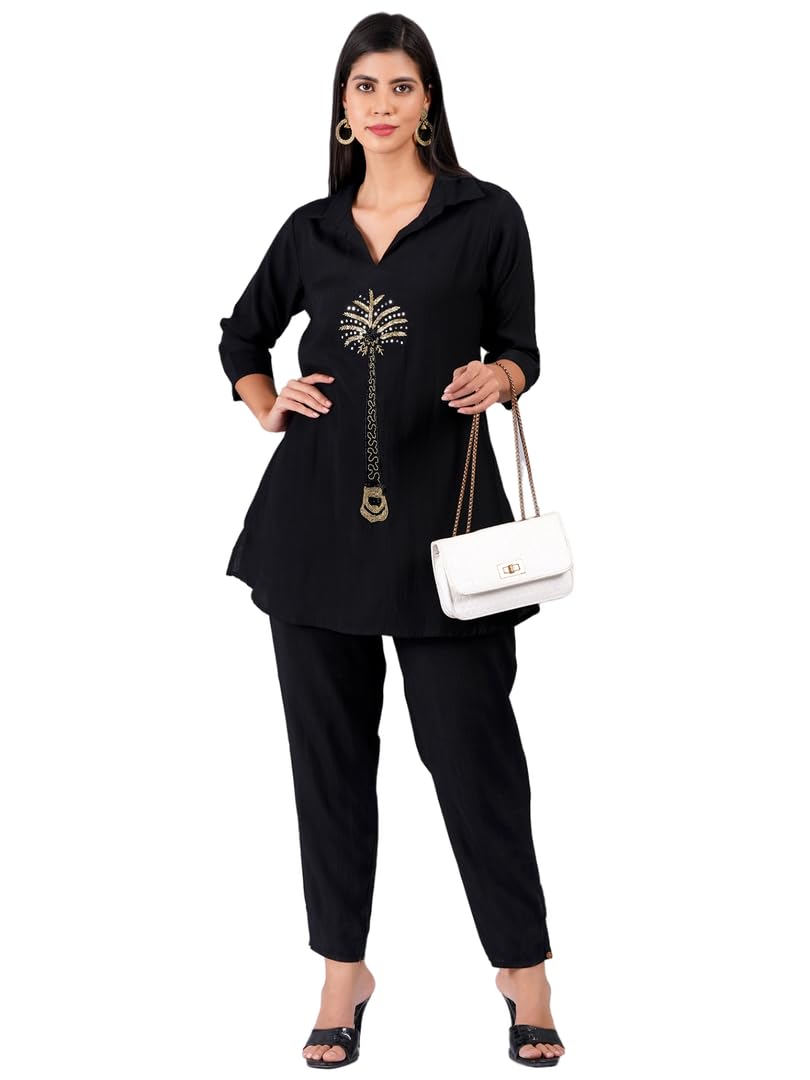 Women Black Viscose Rayon Co-ord Set With Tunic & Pant-image-24