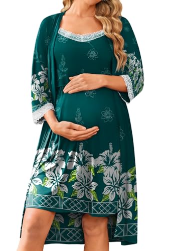 Image of Ekouaer Women Lace Maternity Nursing Gown and 3/4 Sleeve Robe Set Double Layer Breastfeeding Nightgown Slip Dress & Bathrobe