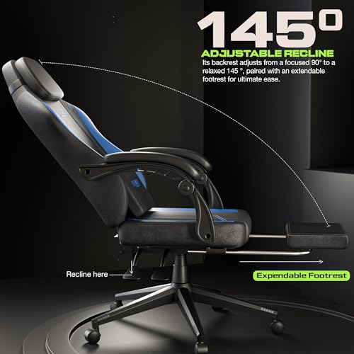 Image of DROGO Phantom Ergonomic Gaming Chair with Premium PU Leather Fabric, Linkage Armrest, Adjustable Neck & Lumbar Pillow | Computer Chair for Study | Home & Office Chair with Recline (Black /Blue)