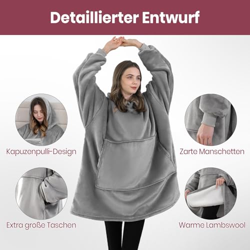 Good Nite Decke mit Ärmeln für Frauen und Männer Sherpa kuscheldecke Tragbare Decken Adult Cosy Sweater Tragbare Warm Decken Übergroßer hoodie mit Taschen Grau (80x85cm)
