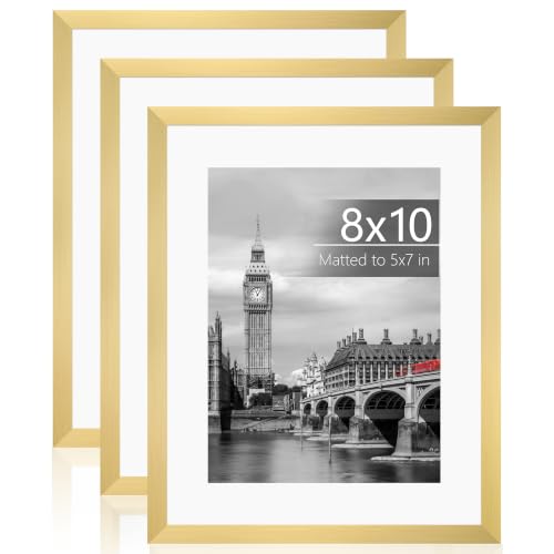 Fixwal 8x10 Picture Frame Set of 3 with Shatter Resistant Plastic Cover Minimal Thin Border and Light Weight Photo Frames for Wall or Tabletop Display Home Dcor Gold