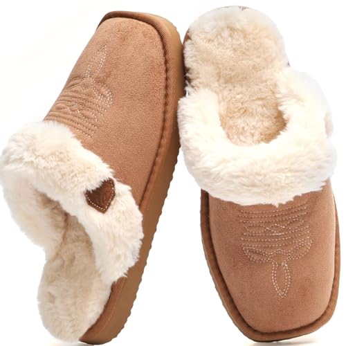 LBF Fuzzy Western Slippers for Women Comfy Winter Fluffy House Cowgirl Boot Slippers with Memory Foam Indoor Outdoor Square Toe