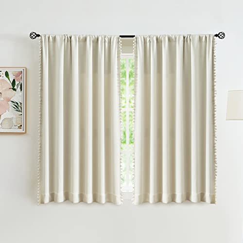 Image of Treatmentex Pompom Window Curtain Panels Natural 45 inch Long Small Window Curtain Ivory Curtain Drapes for Basement Laundry Room Darkening Curtains 2Panels