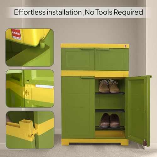 Image of Cello Novelty Dual Plastic Shoe Rack with Dustproof Doors| 3 Year Warranty | Chappal /Slipper /Footwear Stand for Home, Living Room, Office, Outdoor| Green & Yellow Colour