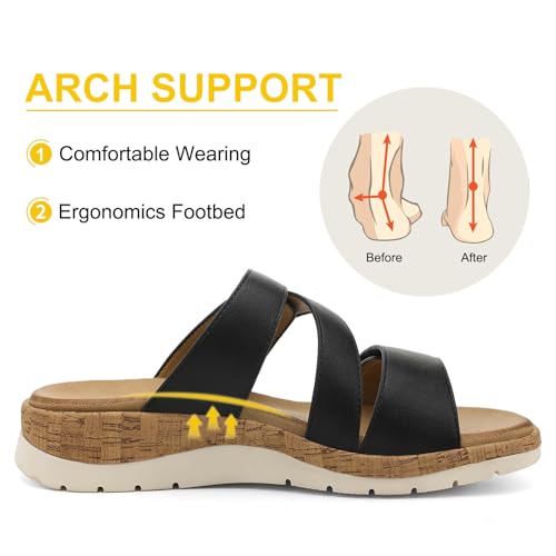 Image of UBFEN Womens Low Wedge Sandals Comfortable Walking Slides with Arch Support | Soft Cushioned Insoles 2 Adjustable Straps Slip On for Summer, Casual, Home, Quick Outings