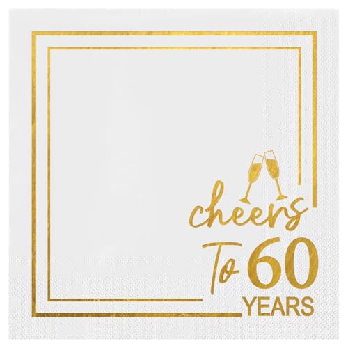 Horaldaily 50 Pack Cheers to 60 Years Cocktail Napkins, 5x5 Inches White and Gold Foil Birthday Decoration Paper Napkins for Party Anniversary Lunch Dinner