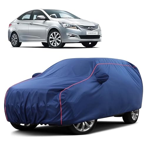 Image of Sulfar 100% Water Resistant Car Body Cover Compatible with Mirror for Hyundai Fluidic Verna 4S (Triple Stitched, Full Bottom Elastic, Blue Taffeta with Red Piping)
