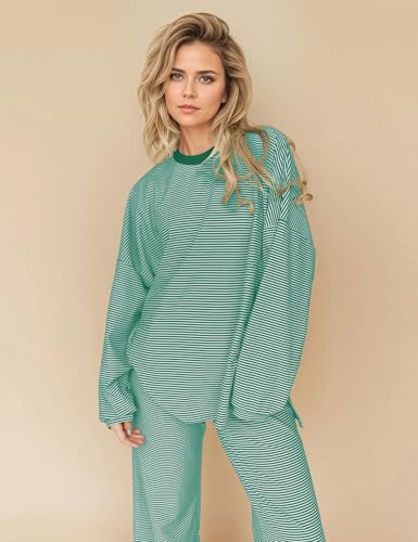 Image of MISSACTIVER Women's 2 Piece Striped Lounge Set Long Sleeve Oversized T-Shirt Wide Leg Pants Matching Pajamas Set