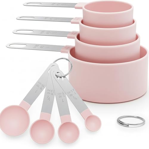 Strehknewen 8 piezas Measuring cups, Cucharas medidoras– Vasos medidores y cucharas medidoras de plástico y acero inoxidable de grado alimenticio con 4 tazas de medición y 4 cucharas (Rosa)