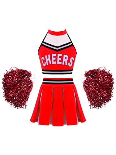 Doomiva Mädchen Cheer Leader Kostüm Zweiteiler Karneval Fashing Tanzbekleidung Crop Top und Rock Kinder Sport Tanzanzug Wa Rot mit Poms 158-164 Cover