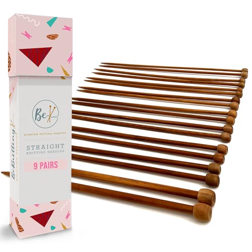BeKnitting 9pc (10") High-Quality Bamboo Straight Knitting Needles Set for