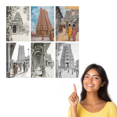 Image of SiddArtify South Indian Temple Architecture Black - Sepia Art Print Set - 300GSM Board - 8x12 Inch - Pack of 6 Wall Room Decoration art Poster Prints