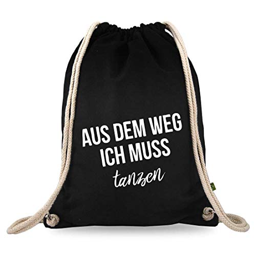 Turnbeutelliebe® Turnbeutel mit Spruch - Techno-Musik - verschiedene Motive - Baumwolle schwarz - Sportbeutel - Rucksack - ca. 12 Liter - 37 x 46 cm (Aus dem Weg ich muss tanzen)