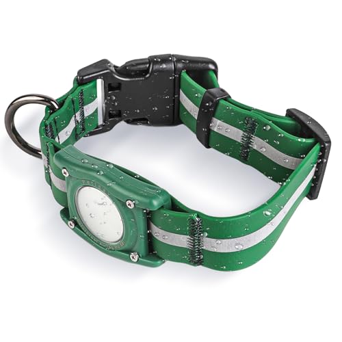 PetIsay Wasserdichtes Hundehalsband mit integriertem AirTag-Halter, IP68-bewertet, reflektierend, verstellbar, Biothane-Halsband für kleine, mittelgroße und große Hunde (Grün, L)