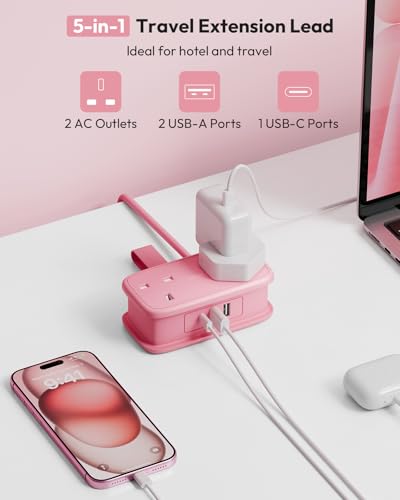 NTONPOWER Travel Extension lead with USB Slots, Pink Extension Lead 1.2M, Cruise Essentials Extension Cord with 2 Way Outlets 3 USB（1 Type C) for Cruise Travel Essentials Hotel Home Office - Image 2