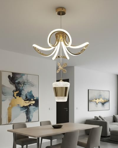 Image of swanart Modern LED Chandelier Ceiling Light with Crystal Lampshade, Elegant Gold Design & 3-Light Modes, Dimmable for Living Room, Bedroom & Dining Area - Unique Butterfly Accent