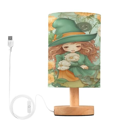 SDMKA Cartoon Shamrock Gnome Bedside Table Lamp for Bedroom, Minimalist Nightstand Lamp with Round Fabric Shade for Living Room, Office, No Bulb Required