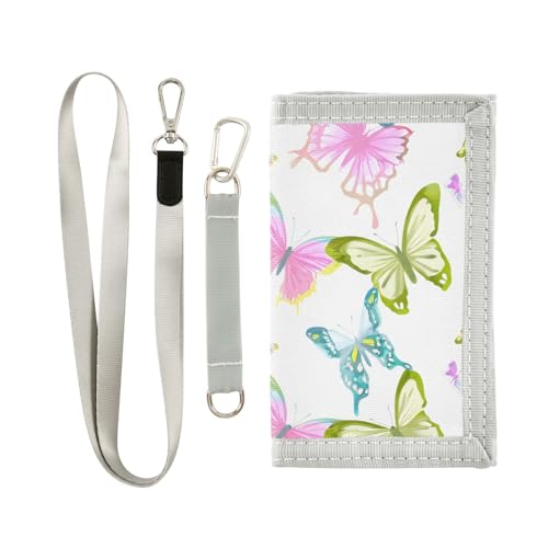 Butterflies White Colorful Kids Wallet for Boys Girls Trifold Outdoor Sport Wallets for Teen Children Youth Wallet with Zippered Coin Pockets Card Holders Front Pocket Wallets with Magic Sticker