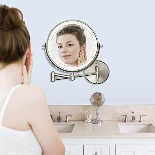 Rechargeable Lighted Wall Mounted Makeup Mirror, Double Sided 1X/7X Magnifying Mirror, 3 Lighting Option Dimmable, Extension Foldable Arm, 8Inch Wall Mounted Mirror For Bathroom (Brushed Nickel) #TOP3