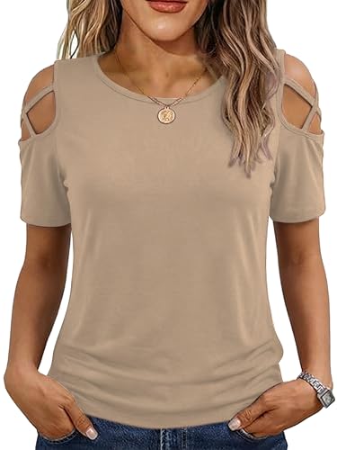 Image of Jar of Love Women's Summer Tops Short Sleeve Cold Shoulder Tops T-Shirts for Women Spring Summer Tops Loose Fit Tunic 2026