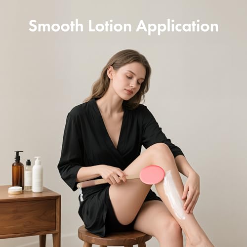 Image of AmazerBath Lotion Applicator for Back, Feet, 4 Replacement Pads with 17 inch Curved Handle, Back Sunscreen Applicator for Kids, Elderly, Women, Apply Skin Cream Medicine Moisturizer Tanner, Apricot Red