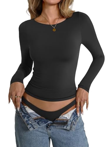 Womens Double Lined Long Sleeve Shirts Boat Neck Going Out Tops Trendy Slim Fitted Tees Basic Fall Outfits 20254