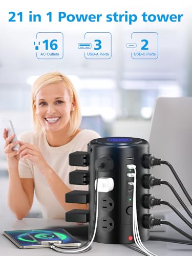 Image of Tower Surge Protector Power Strip (16 AC Outlets + 5 USB Ports Including 2 Type-C), 5FT Extension Cord, 1800J Protector Charging Tower, Essential for Home /Office /Dorm