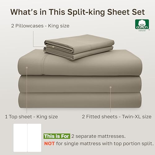 Image of California Design Den Split King Sheet Set - 100% Cotton, 600 Thread Count, Breathable Luxury King Size Sheets for Adjustable Bed, Luxury Hotel-Quality Sheets with Soft Sateen Weave (Cool Taupe)