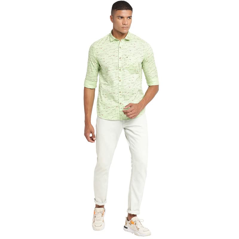 Image of Turtle Men Light Green Cotton Printed Slim Fit Casual Shirts