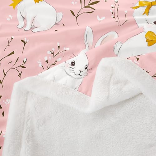 Image of Cute Rabbit Throw Blankets Cartoon Bunny Pink Fleece Flannel Throws Boys Girls Lovely Little Floral Rabbit Decor Soft Cozy Fleece Blankets Botanical Animal for Sofa Bed Couch,40x50 Inches