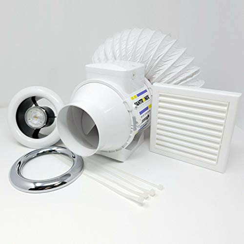 Complete Shower Fan Bathroom Kit 100mm (4 inch) dia Led Light Chrome & White Bezel with Run On Timer Steam Damp Condensation Control Low Noise Bathroom Toilet En-Suite 4.6w MR 16 4000k 12v Angle Light