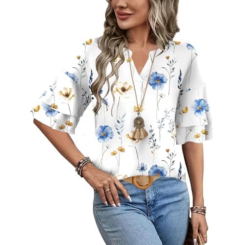 LOMON Womens Tops Ruffle Short Sleeve Blouses Fashion V Neck T Shirts Dressy Casual 3/4 Bell Sleeve Tee Spring Summer Clothes White Floral X-Large