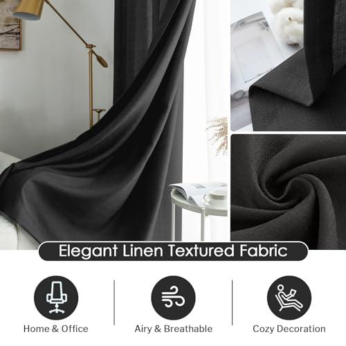 Image of Melodieux Black Semi Sheer Curtain Cloth for Hanging, Linen Look Bedroom Rod Pocket Voile Drapes, 52 by 63 Inch (2 Panels)