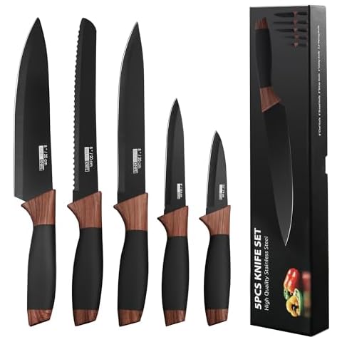 PUREAIN Kitchen Knife Set, 5 Pieces Stainless Steel Blades Knife Set With Black Nonstick Coating, Ergonomic Sharp Knives for Kitchen and Dishwasher Safe, Black Cover