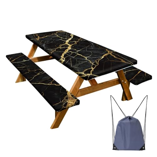 CRYSLOVE Lot de 3 Nappes de Table Rectangulaires Imperméables, Protection Élastique en Vinyle avec Doublure, pour Pique-Nique, Jardin, Camping,Lavable (Marbre de Black)