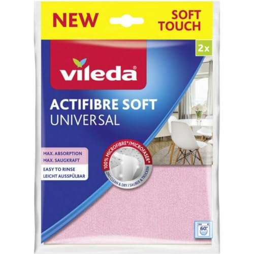Vileda Actifibre Soft Universale, Panno in microfibra, Pulizia senza aloni, Eccezionale assorbenza, Morbido al tatto, Rosa e grigio, Confezione da 2pz