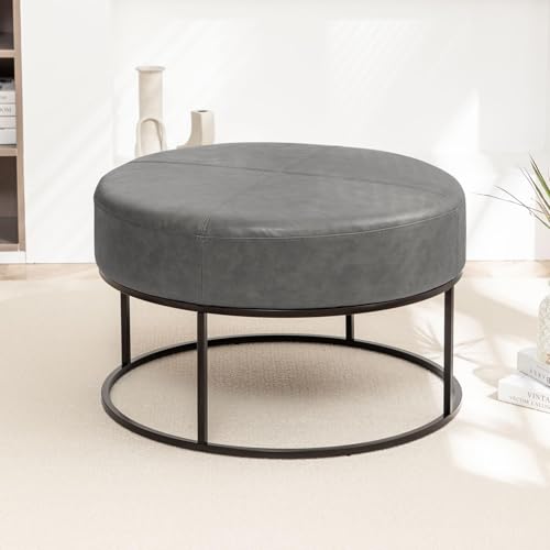 Image of BALLIAA Modern Round Coffee Table, Farmhouse Ottoman for Living Room, Large Vintage Faux Leather Coffee Tables with Leather Upholstered Padded Seat [Round, Vintage Gray, 30'']