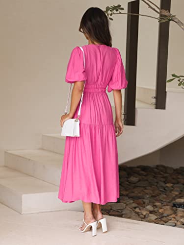 Image of Women's Summer Deep V Neck Puff Short Sleeve Tiered Maxi Dress Flowy A Line Long Dresses