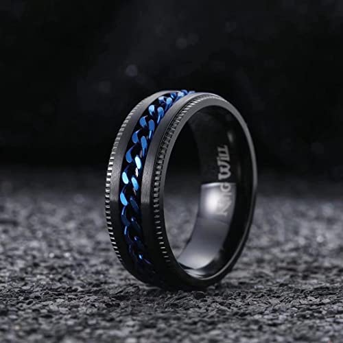Image of King Will Black /Blue Stainless Steel 8mm Rings for Men Center Chain Spinner Ring, Size 7-14