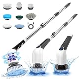 Keimi Electric Spin Scrubber, 2024 New Cordless Voice Prompt Shower Cleaning Brush with 8 Replaceable Brush Heads, 3 Adjustable Speeds, and Adjustable Extension Handle for Bathroom Floor Tile