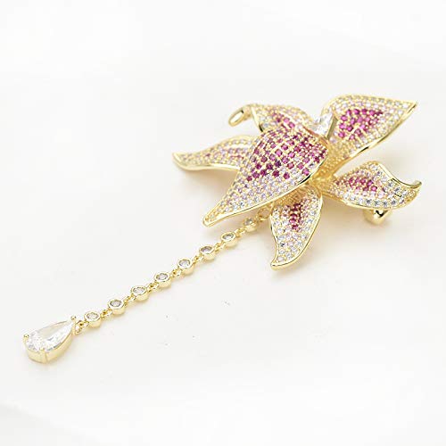 Image of Women's Cubic Zirconia Orchid Flower Brooch Crystal Floral Boutonniere Petal Lapel Pin Beastpin Bridal Wedding Jewelry with Tassel